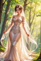 A woman in a wedding dress walking through a forest.