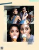 A magazine spread with two girls eating ice cream cones.