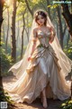 A woman in a wedding dress standing in the woods.