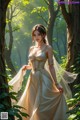 A woman in a wedding dress standing in the woods.