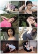 A collage of photos of a woman laying on a chair.